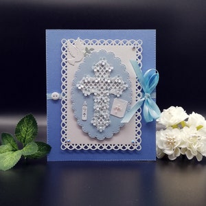 Carte de baptême faite main, Carte de première communion, Carte 3D dans une boîte, Carte religieuse bleue, Carte de baptême personnalisée, Carte de confirmation, Carte-cadeau en espèces