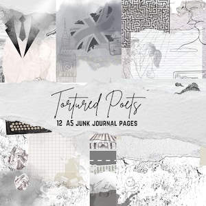 Puede incluir: Un collage de 12 páginas de diario de chatarra A5 con una variedad de imágenes, que incluyen una torre del reloj, un laberinto, una bandera, una pareja y una máquina de escribir. El texto "Tortured Poets" está en el centro del collage.