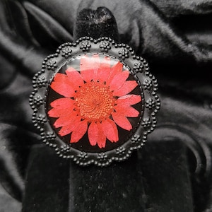 Goth Black and Red Daisy Adjustable Resin Ring