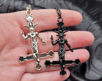 Goth Satanic Baphomet Inverted Cross Pendant Necklace