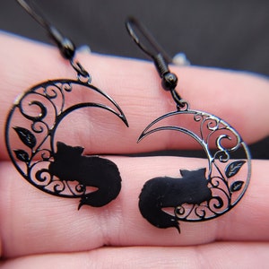 Black Cat and Crescent Moon Ivy Charm Earrings - Etsy