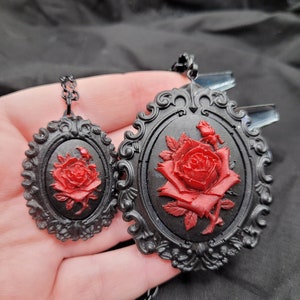 Black and Red Gothic Rose Cameo Necklace
