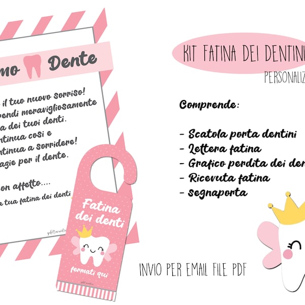 Kit Fatina dei dentini Digitale - PDF personalizzato, porta dentini, lettera fatina, grafico perdita dei denti, ricevuta fatina, segnaporta