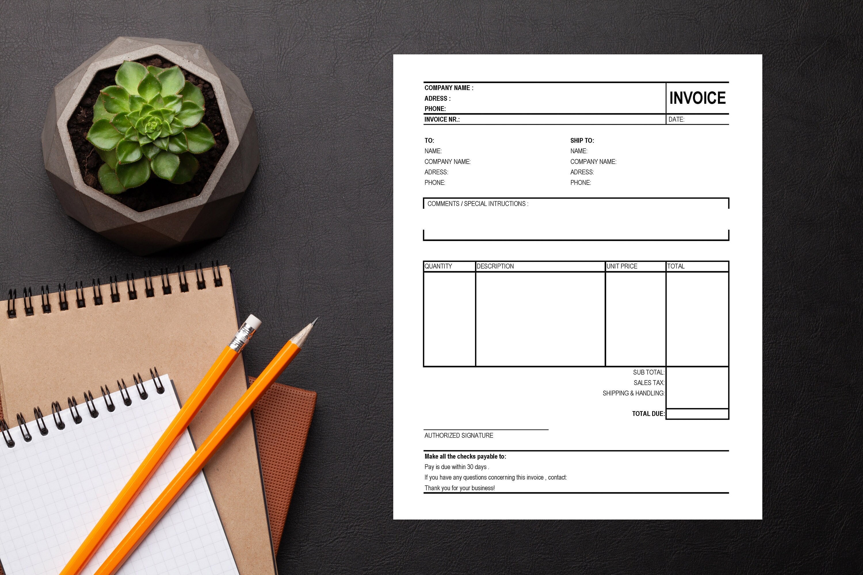 simple invoice template editable in excel printable file etsy