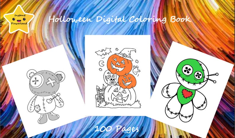 Op de afbeelding: Een digitaal kleurboek met 100 pagina's met Halloween-thema illustraties. De afbeeldingen bevatten een gestikte teddybeer, een stapel pompoenen met een heksenhoed en een gestikte pop met een hart.