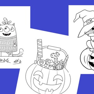 Op de afbeelding: Zwart-witte kleurplaten met Halloween-figuren. Een kat met een heksenhoed zit op een jack-o-lantern, een monster met een staart en vleugels, een kat die een ballon vasthoudt, een pompoen met snoep en een Frankenstein-monster.