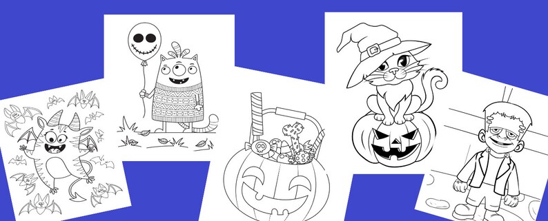 Op de afbeelding: Zwart-witte kleurplaten met Halloween-figuren. Een kat met een heksenhoed zit op een jack-o-lantern, een monster met een staart en vleugels, een kat die een ballon vasthoudt, een pompoen met snoep en een Frankenstein-monster.