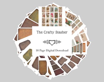 May include: A digital download of 18 printable pages featuring vintage-style tags and labels. The pages are designed with a rustic, brown and cream color scheme. The text "The Crafty Stasher 18 Page Digital Download" is displayed on the front page.