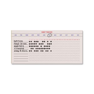 May include: A beige habit tracker with the title "HABIT TRACKER" at the top. The tracker includes the months of the year and a grid to track daily habits. The habits listed are exercise, reading, meditation, vitamins, and sleep.