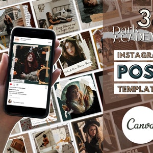 Può includere: 36 modelli di post per Instagram a tema dark academia. I modelli presentano un collage di immagini con una combinazione di colori marrone, crema e nero. Il testo "Dark Academia" è in un font grande e in grassetto. Il testo "Modelli di post per Instagram" è in un font più piccolo e in grassetto. Il testo "Canva" è in un cerchio bianco.