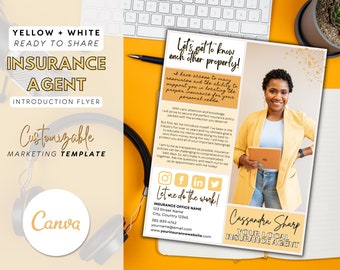 Op de afbeelding: Gele en witte sjabloon voor een introductieflyer van een verzekeringsagent met een foto van een vrouw in een geel colbert. De flyer bevat de tekst "Let's get to know each other properly!" en "Ik heb toegang tot veel bronnen en de mogelijkheid om u te helpen bij het vinden van de juiste verzekering voor uw persoonlijke behoeften." De flyer bevat ook de tekst "Cassandra Sharp, Uw lokale verzekeringsagent".