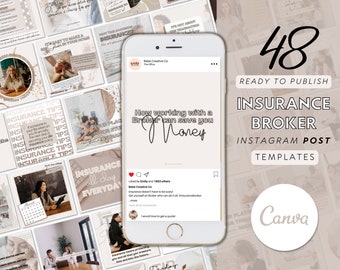 May include: A collection of 48 Instagram post templates for insurance brokers. The templates feature a neutral beige color scheme with a modern design. The text on the templates includes "Insurance Broker", "Instagram Post Templates", and "How working with a Broker can save you money".