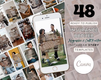 May include: A collage of 48 Instagram story templates for insurance brokers. The templates are designed to be used for infographics and calls to action. The text "48 Ready to Publish Insurance Broker Infographic & Call to action INSTAGRAM STORY TEMPLATES Canva" is visible in the image.