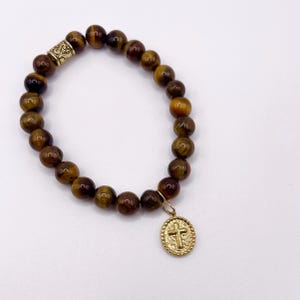 Cross charm bracelet, tiger eye beaded bracelet, beaded bracelet, unisex beaded bracelet, charm bracelet, gemstone, gemstone beads