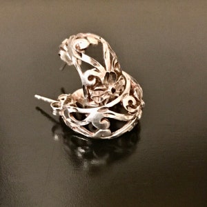Sterling Silver - Pierced Earrings - Floral Design Cut-Out and Diamond Cut for Glint and Glimmer Semi-circle Hoop Earrings