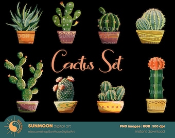 Cute Cactus Clip Art, Western Clipart, Succulents Clipart, Printable Cactus Stickers, Greenery Clipart, Instant Download, Commercial Use