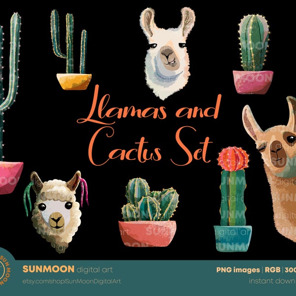 Alpaca Clip Art, Cactus Stickers, Botanical Clipart, Succulents Clipart, Watercolor Cactus Clipart, Commercial Use, Digital Download