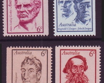 May include: Four vintage Australian postage stamps featuring portraits of historical figures. The stamps are red, blue, and white with the text "Australia" and the denomination "6c".