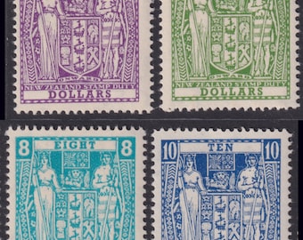 May include: Four vintage New Zealand postage stamps featuring the country's coat of arms. The stamps are in denominations of four, six, eight, and ten dollars. The stamps are printed in purple, green, turquoise, and blue.
