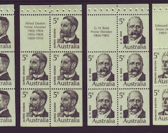 May include: A sheet of 12 Australian postage stamps featuring portraits of Prime Ministers J.C. Watson, Alfred Deakin, G.H. Reid, and Edmund Barton. Each stamp has a denomination of 5 cents and the text "Australia" printed below the portrait.