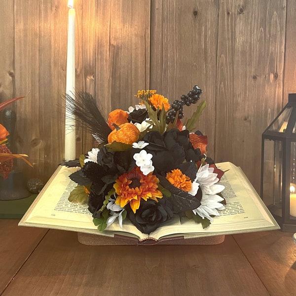 Spooky Blooming Book Bouquet | Faux Flower Arrangement | Black, Orange, White | The Legends of Sleepy Hollow | Halloween Home Decor