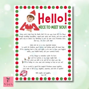May include: A Christmas-themed print with an elf illustration and the greeting "Hello! Nice to Meet You!". The design features red and green accents, ideal for festive holiday decorations.