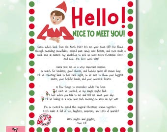 May include: A festive Christmas-themed print featuring an elf illustration and the greeting "Hello! Nice to Meet You!". The design includes red and green accents, perfect for holiday decor.