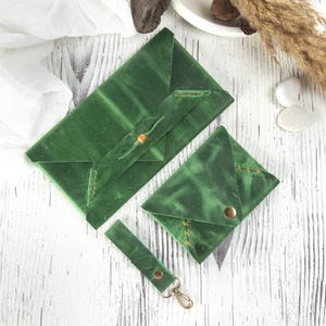 Set regalo per San Valentino, portafoglio verde, portachiavi in pelle e piccolo portafoglio, porta carte di credito per donna, portafoglio sottile in pelle