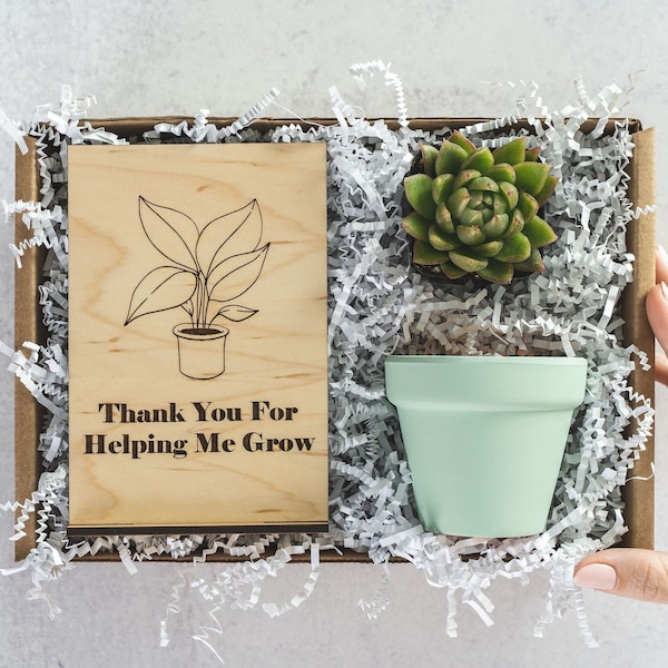 Gracias por ayudarme a crecer, regalo de agradecimiento, caja suculenta, tarjeta de madera, regalo de agradecimiento al profesor mentor.