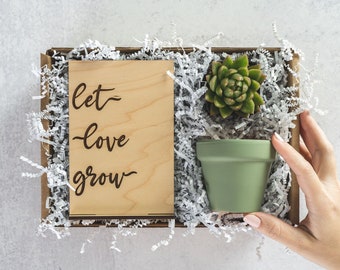 Let Love Grow, Succulent Plant Gift Box, Wood Card, Engagement Congratulations Wedding Gift Box, Bride to Be Wedding Shower