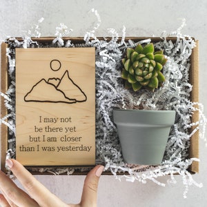 Climb Mountains, Succulent Gift Box, Wood Card, Cheer Up Gift, Thinking of You Gift, Encouragement, Care Package for Her, Gift for Friend image 1