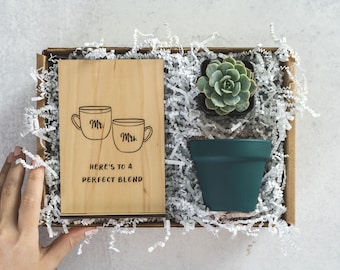 Perfect Blend, Succulent Gift Box, Wood Card, Engagement Gift Box, Engagement Gifts for Couple, Bridal Shower Gift, Wedding Gift Ideas