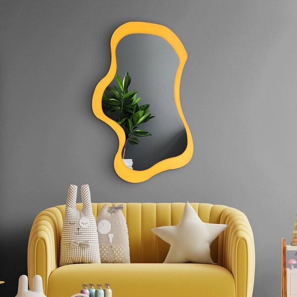 Bathroom Mirror , Mirror Wall Decor , Yellow Wall Decoration , Asymmetric Mirror