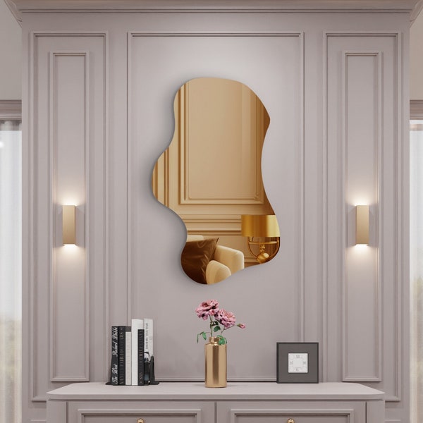 Bronze Asymmetrical Wall Mirror for Living Room , Bronze Bathroom Mirror Large , Dressing Table Mirror