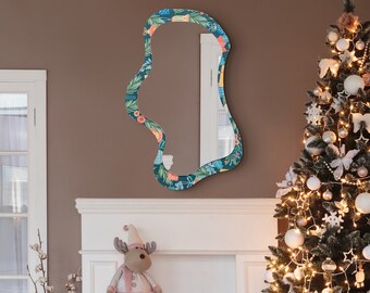 Asymmetrical Wall Hanging Mirror , Colorful Wavy Mirror for Entryway , Unique Gift for Girls Room Decor ,