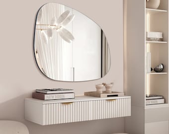 Mirror Wall Decor Large Modern Living Room , Asymmetrical Mirror with wood frame for wall , Big Mirror for Wall