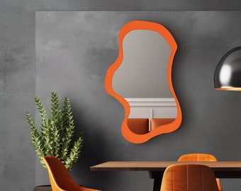 Moderne wandspiegel, esthetische spiegel, oranje wanddecoratie, thuisspiegelcadeau