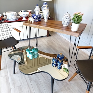 Glass-topped Coffee Table, Mirror Coffee Table, Glass Wood Coffee Table, Modern Center Table, Unique, Curvy Funky Wavy Coffee Table