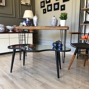 May include: A low coffee table with an irregular, kidney-shaped black glass top and three tapered black legs. The table features a reflective surface and a smooth, curved edge design, providing a stable base for decorative items in a living space.