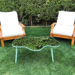 Green Asymmetrical Mirrored Coffee Table for Garden , Colorful Modern Coffee Table , Irregular Unique Center Table
