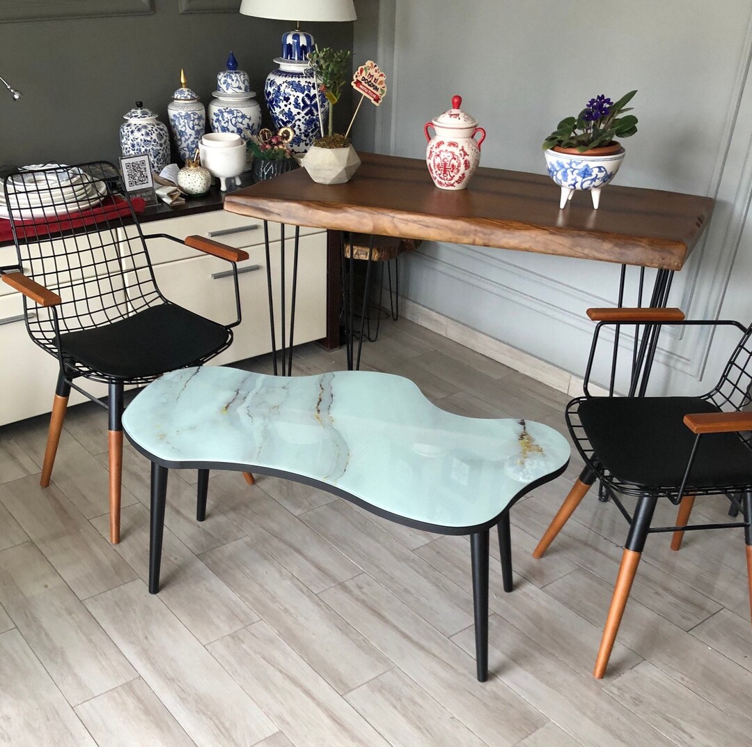 Marble Effected Glass Coffee Table , Modern Center Table , Living Room