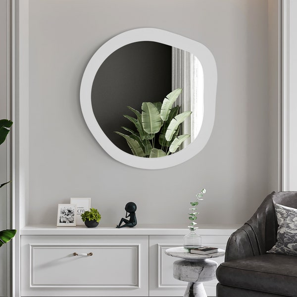 Large Wall Mirror for Entryway , Modern Mirror for Hotel Wall Decoration  , Newly Wed Gift , White Round Wall Decoration