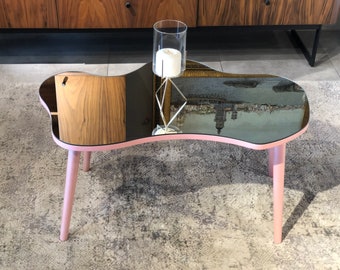 Pink Mirror Coffee Table: Handmade Wood Glass Accent Table