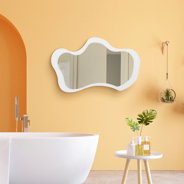 Specchio bianco, specchio irregolare moderno, decorazione murale bianca, regalo di inaugurazione della casa, specchio da bagno