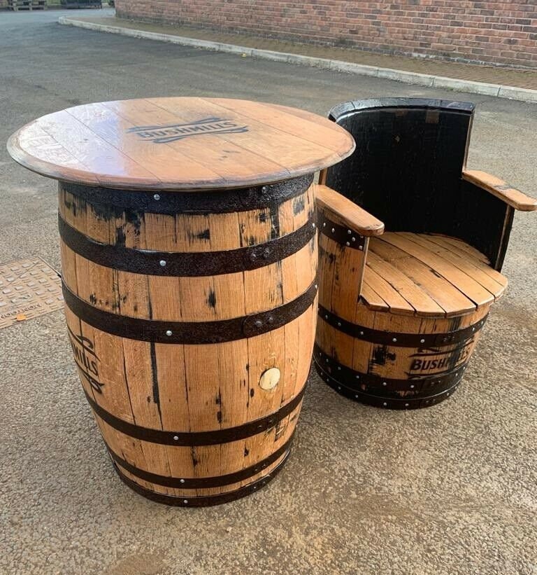Recycled Wooden Rustic Solid Oak Whisky Barrel Pub  GardenPatio Table Vintage 