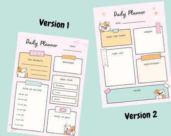 May include: Two versions of a daily planner with a pink background and cute cat illustrations. The first version has sections for top priority, reminder, plan of action, meal plan, and note to self. The second version has sections for goal for today, task list, notes, urgent, and appointment.