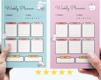 May include: Two weekly planner pages with a light blue and pink background. The pages are divided into seven days of the week, with space for notes and weekly goals. The pages are decorated with cute unicorn and cat illustrations.