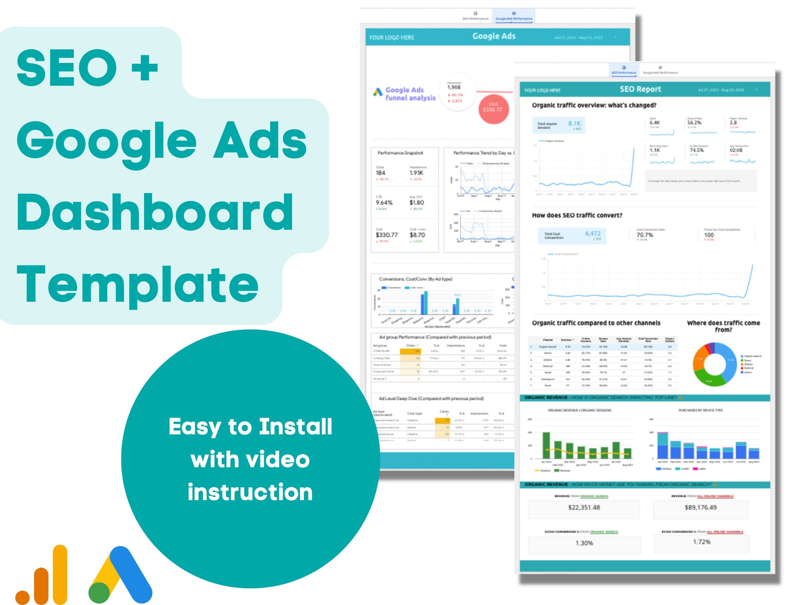 Dynamic SEO & Google Ads KPI Performance Dashboard Google Looker