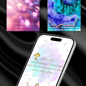 Fondos de pantalla cristianos para iPhone con estética lavanda, rosa y morado. Descarga digital con afirmaciones de fe y versículos bíblicos.