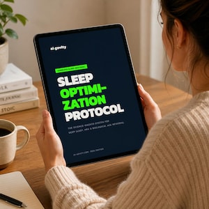 Peut inclure: Une personne tient une tablette affichant le texte "SLEEP OPTIMIZATION PROTOCOL" en blanc et vert sur fond bleu foncé. La tablette est posée sur un bureau en bois avec une tasse de café, des livres, un stylo et un carnet. Le texte "al.gevity" est en haut.